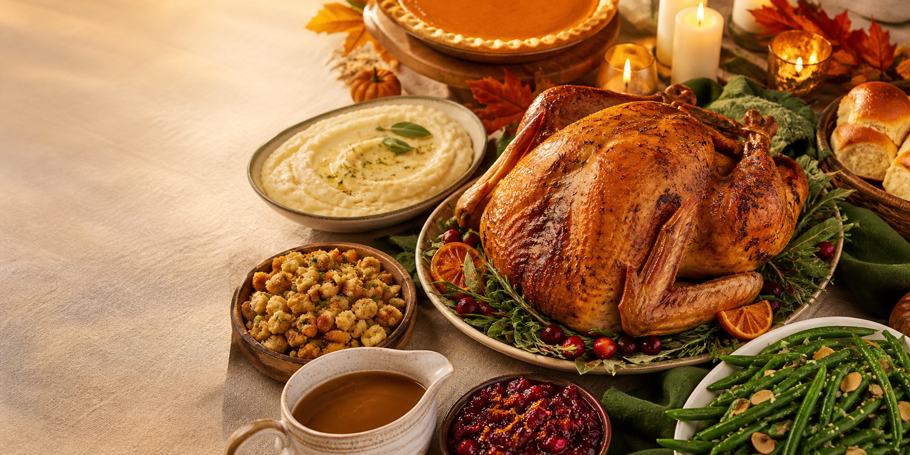 Fully cooked Thanksgiving turkey dinner with classic sides